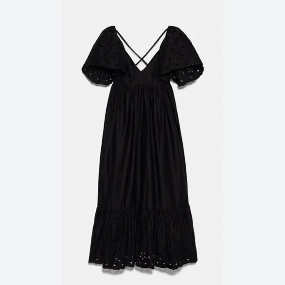 Zara Open Work Embroidered Dress Black Size Small - Picture 8 of 8